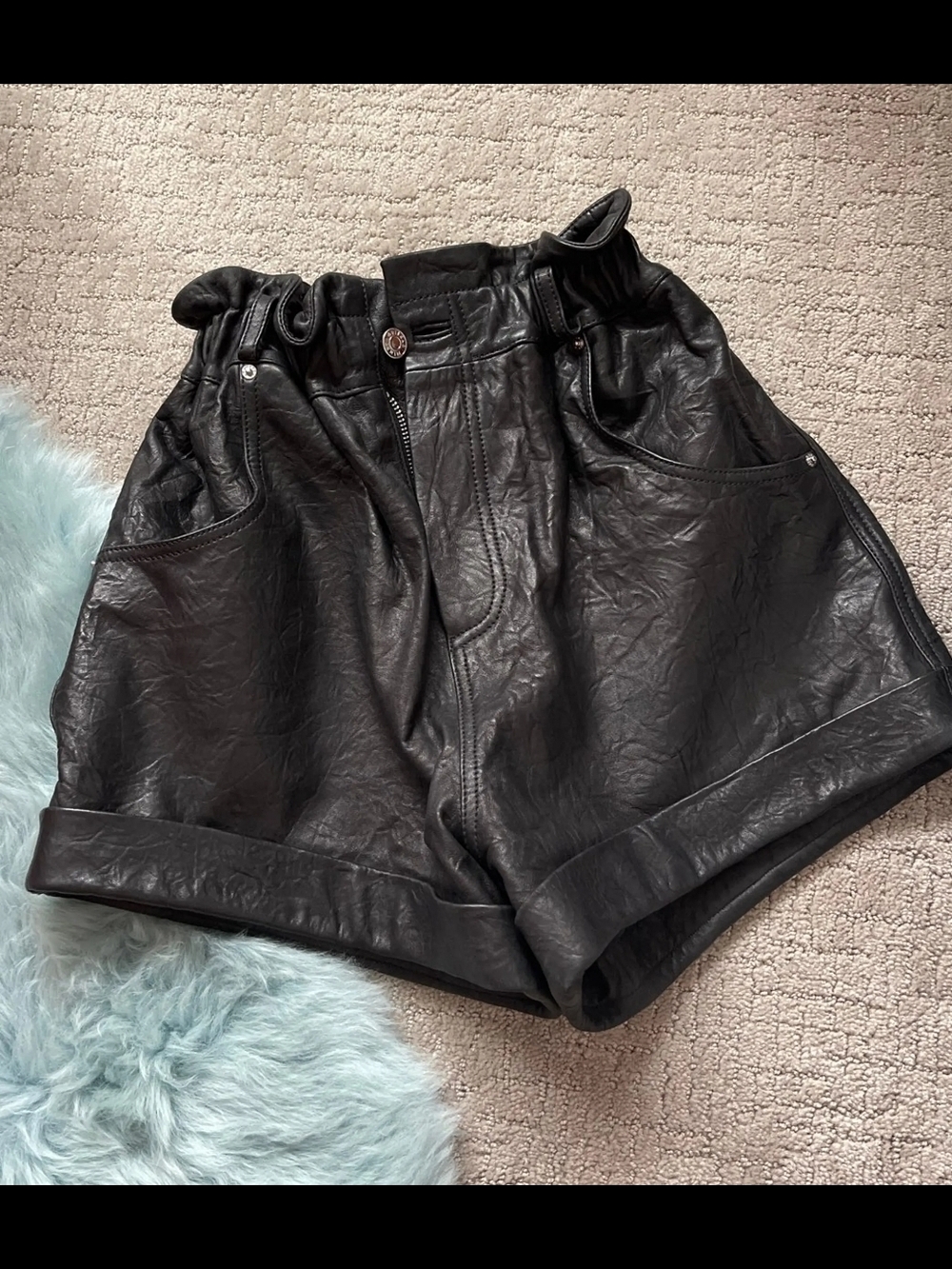 GRLFRND Black High-Waist Faux Leather Paperbag Shorts